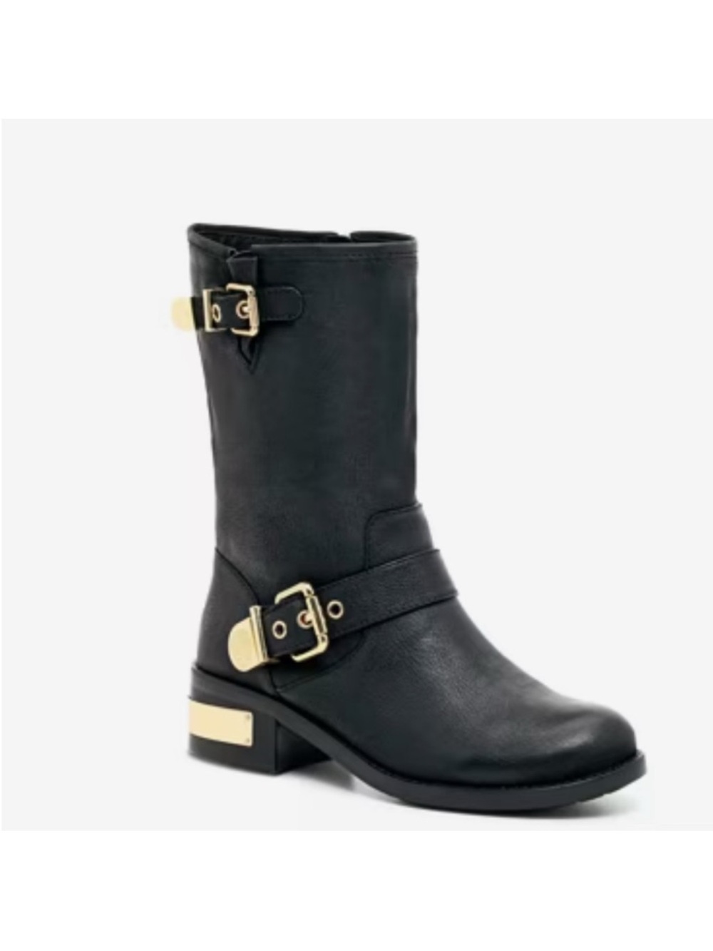 Vince Camuto Black Mid-Calf Buckle Boots with Gold Hardware